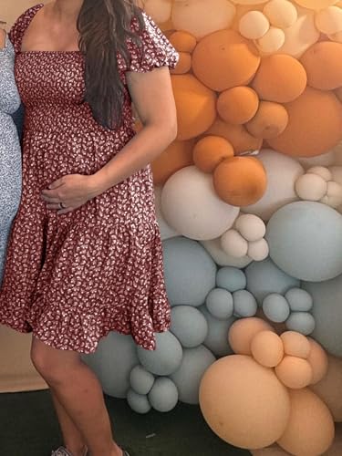 Image of Veatzaer Women's Puff Sleeve Square Neck Smocked Babydoll Dress Boho Floral Print Off Shoulder Ruffle Mini Short Dress