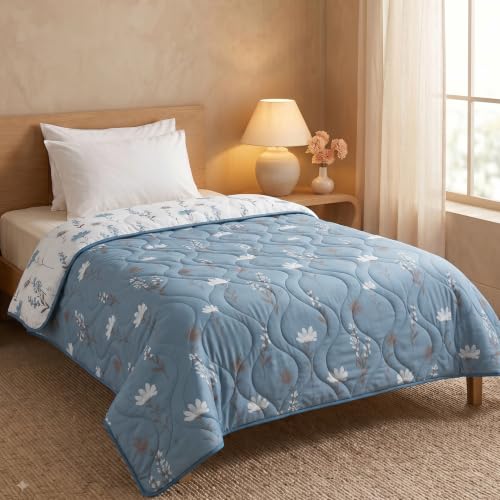 Image of HUESLAND Reversible AC Quilt Blanket Single Bed | 100% Cotton Quilted Shell, Super Soft 120 GSM Microfibre Wadding | Lightweight Comforter for All Weather Use | Floral - 55 x 88 inches