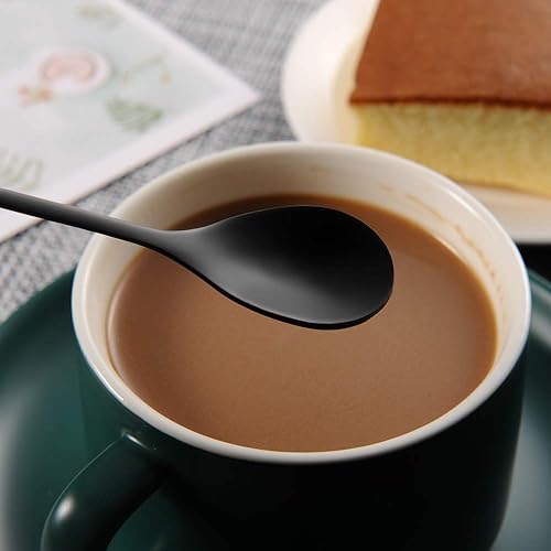 Miniatura 4 de AnSaw 4 cucharas de café pequeñas y 4 tenedores de postre, acero inoxidable de 4.7 pulgadas con mango de hoja (negro y dorado)