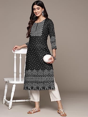 Image of ishin Women's Silk Ethnic Motifs Black Straight Kurta