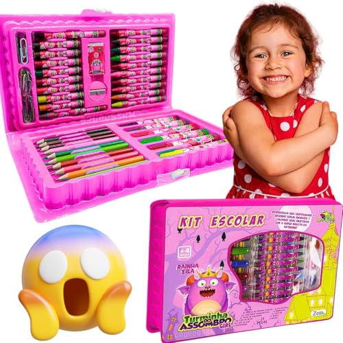 Kit Material Escolar Infantil 2025 Completo Feminino Presente Menina 4 Anos Volta às aulas Maleta Estojo Lapis Canetinhas Borracha Regua Tinta Pincel Apontador (Rosa)