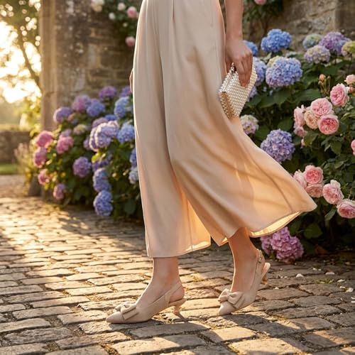 Image of youngshow Women's Slingback Kitten Heels for Work | Knit, Low Heels, Elastic Back Strap, Slip on, Pumps for Office, Wedding, Party