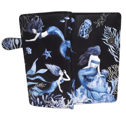 Shag Wear Ocean Mermaids Large Wallet for Women and Teen Girls Vegan Faux Leather Textured Black 7