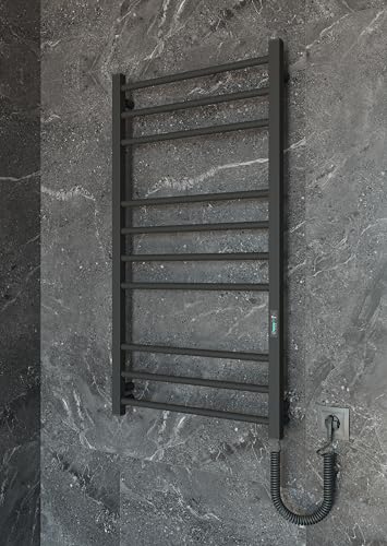 Elna - Radiador de toalla negro 180 W - Eléctrico - 1010 x 530 mm - Acero inoxidable mate - Calefacción de pared con termostato y temporizador - IP44 - Radiador de diseño moderno