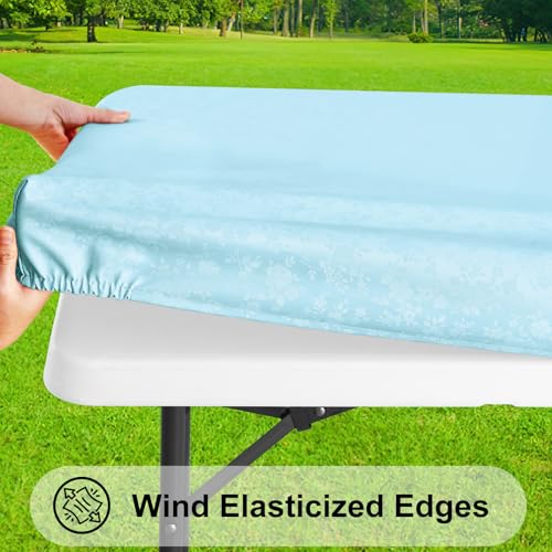 Image of Smiry Heavy Duty Vinyl Fitted Tablecloths for 8 Foot Rectangle Tables | Elastic Waterproof Fitted Tablecloths, Wipeable Washable Table Cover for Kitchen, Dining, Camping (Ice Blue, 30 inch x 96 inch)