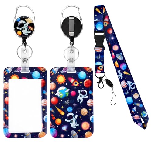 Cordon Tour de Cou avec Porte Carte, Porte Badge Enrouleur Retractable, Lanière Détachable avec Pochette Badge à Motif Astronaute et Planète pour Enfants,...