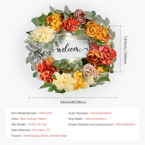 Image of VEVOR Spring Wreath for Front Door 24 Inch - Artificial Hydrangea Year-Round Wreath with Welcome Sign, All Season Outdoor Indoor Decor for Home Wall Window