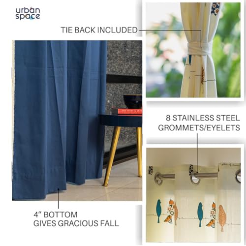 Image of Urban Space 100% Cotton Curtains for Door, Combo Set of 3 Curtains 8 feet Long, 60-65% Room Darkening Curtain, Tieback & Eyelets Included with Curtain for Home Decor (Humming Bird Blue, 8 Feet)