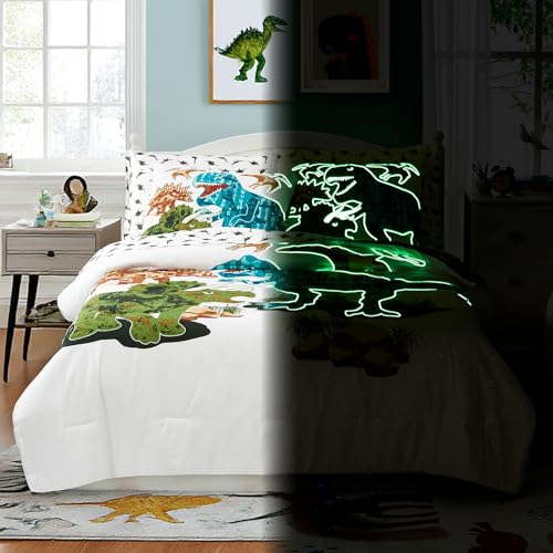 Twin Comforter Set for Boys-5 Pieces Dinosaur Glow in The Dark Twin Bedding Sets for Kids, Ultra Soft Bed in A Bag with Sheets