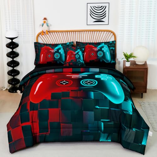 PERFEMET 6 Pcs Gaming Comforter for Boys Red and Teal Game Kid Bed in A Bag