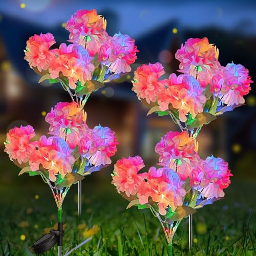 Neporal Solar Flowers Outdoor Waterproof IP65, 4PK 5-Head Hydrangea with 4-Color Light & 2 Lightning Modes, Solar Flower Lights Garden Lights Outdoor Waterproof for Garden, Yard,Pathway