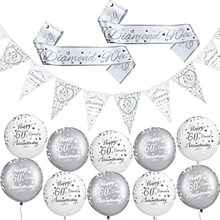 14 Pieces 60th Anniversary Wedding Decoration Set Include Happy 60th Anniversary Balloons Wedding Banner Sash Bunting for Wedding Party Decoration