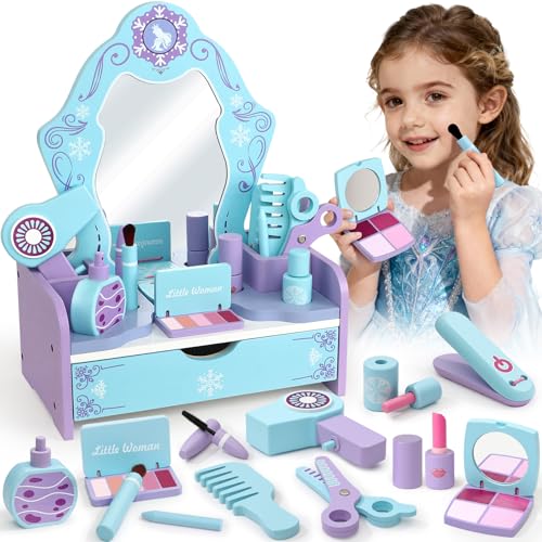 Atoylink Frozen Tocador Infantil Niña de Madera, 12 Piezas Estuche Maquillaje Niña con Set Maquillaje Niñas & Set Peluqueria Juguete, Frozen Juguete Madera Cumpleaños Regalo para Niñas 3 4 5 6 7 Años