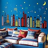 City Skyline Wall Stickers for Boys: Peel and Stick Colorful Hero City Building Stars Cityscape Silhouette Fireworks Wall Decals - Wall Decor Art Kids Supplies Ages 1-12 Year