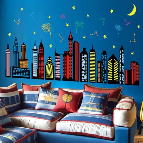 City Skyline Wall Stickers for Boys: Peel and Stick Colorful