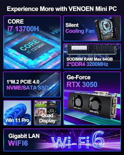 Mini Gaming PC 8k RTX3050 (6G GDDR6), Core i7 13700H 14C/20T Micro PC Gaming Computer Win11 Pro, 2x HD + 2x DP Quad Display, WiFi 6, BT5.2, 13Th Mini PC i7 64GB DDR4 512GB NVME SSD - PC Desktop - Immagine 1