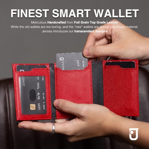 Jenoss Smart AirTag Wallet for Men & Women: Full Grain Leather, Handcrafted, Black Pop Up Case, Slim, RFID Blocking, Credit Card Holder Apple Air Tag Tracker Trifold Minimalist 12 Slot ID(Red & Black)2
