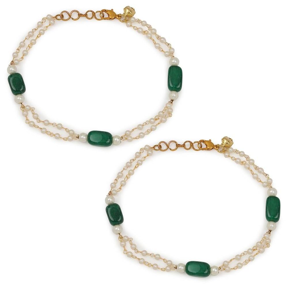 INDIA - Traditional Pearl & Emerald Green Color Glass beads Payal Anklets for Women & Girls Delicate Antique Gold Plated Anklets Indian Payal Golusu boho jewelry Delicate Chain Set of 1 Pair-image-45