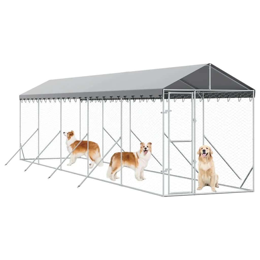 Perrera para perros con techo de acero galvanizado plateado, 2 x 10 x 2,5 m, resistente a la intemperie, plegable, con puerta con cierre, ideal para cachorros, jardín, camping, terraza y