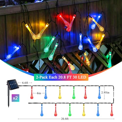 JMEXSUSS 2 Pack Solar String Lights Outdoor Waterproof, Total 41.6FT 60 LED Teardrop Water Drop Solar Light, Multi Colored Christmas Lights for Garden Patio Yard Tree Party Christmas Decorations