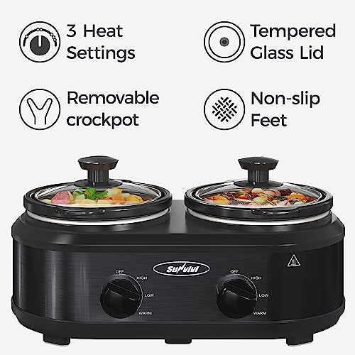 Sunvivi-Dual-Slow-Cooker-Buffet-Server-Warmer-with-2-Removable-Ceramic-Pots-3-Adjustable-Temp-Settings-2-Visible-Glass-Lids-Stainless-Steel-25-QT-Black