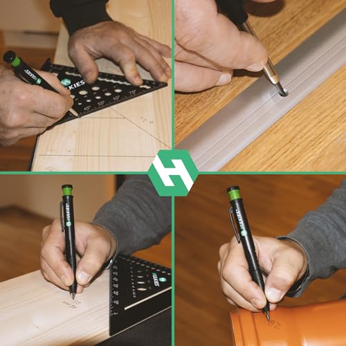 Hulkies 3-in-1 Tieflochmarker – 10-teiliges Profi-Set: Zimmermannsbleistift, Tieflochstift & Köcher – Markierstift für Handwerker inkl. 6 Ersatzminen & integriertem Spitzer