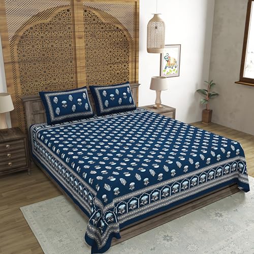 Image of BLOCKS OF INDIA Hand Block Printed 200 TC Cotton Super King Size Bedsheet(106 x 106) | Pack of 1, Batik Blue Flower