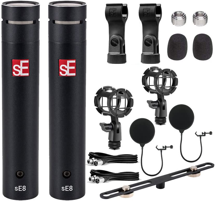 sE Electronics sE8 Small-Diaphragm Condenser Microphone (Stereo Pair) for Drums, Guitars, Bass, Pianos or Brass Instruments with LyxPro XLR Cables with Pop Filters and Shock Mounts