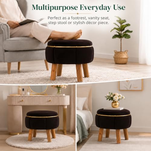 Image of Velvet Upholstered Round Ottoman Footstool | Anti-Slip Feet | Multipurpose Footrest, Step Stool & Vanity Seating & Decor | 40 x 30 cm (16 x 12 Inch) | Coffee