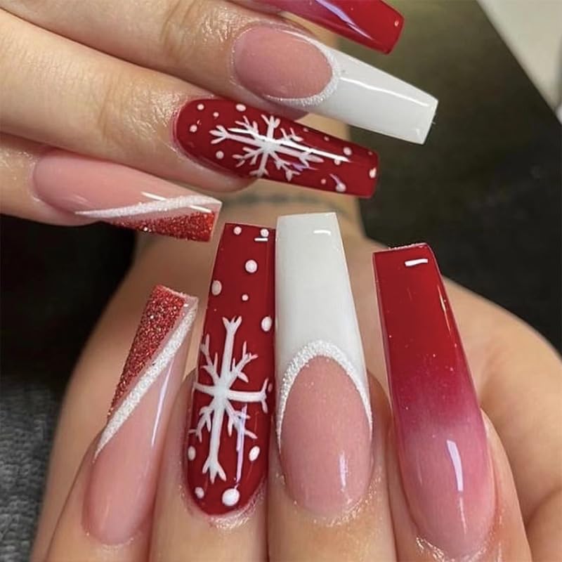 Vividvibe Press On Nails -Christmas Long Coffin Fake Nails,Christmas Snowflake Design?Fit Perfectly?Reusable |12 sizes - 24 pcs