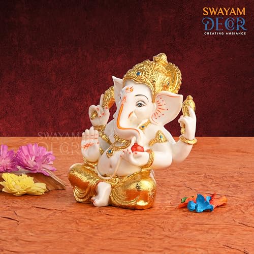 Image of Creating Ambiance Polyresin Marble Ganesh Idol, Vinayaka Statue | Auspicious Ganpati Murti for Living Room & Home Decor - Ganesh Idol for Diwali - Gold & White (7 inch 01)