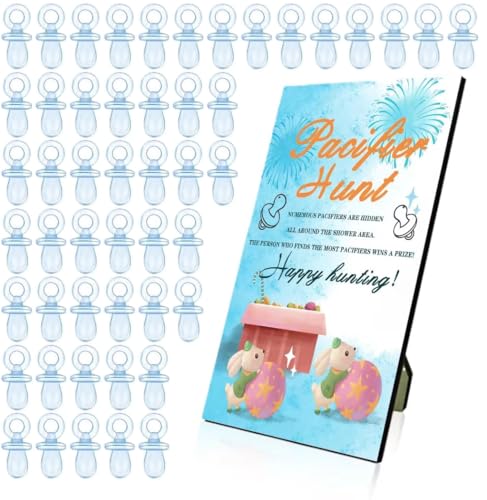 Image of Baby Shower Games, Baby Shower Decorations, 1 Baby Pacifier Hunt Sign and 50 Acrylic Pacifiers for Gender Reveal Games(Blue)