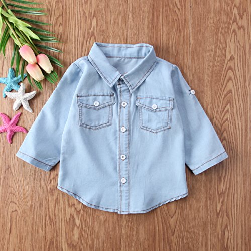 Baby Boys Girls Demin T-Shirt Adjustable Long Sleeve T-Shirt Top Sleeve Button Down Denim Blouse Casual Top 1-6T2