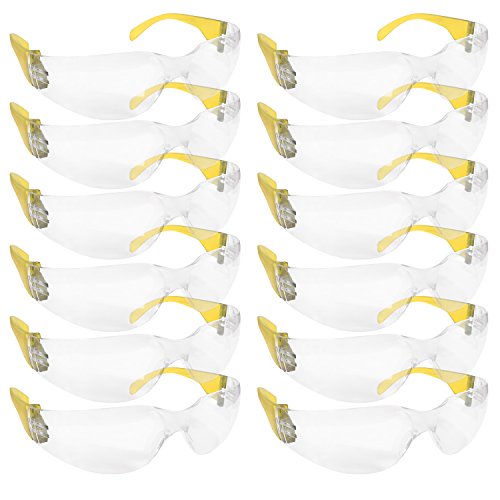 SAFE HANDLER BISON LIFE Clear Lens Color Temple Safety Glasses | One Size, Adult, Youth, Clear Protective Polycarbonate Lens Color Temple, YELLOW, 12 per Box (1 box) (BLSH-ESCR-CLLCT-SG4Y-12)