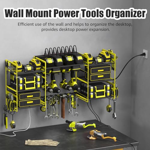 CCCEI Green Power Tool Organizer Wall Mount, Large Tools and Battery Storage Rack Charging Station Individual Switches. Drills Holder, Garage Utility Shelves with 6FT Power Strip. Gift for Men. - Image 3