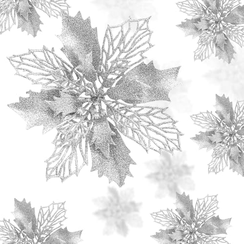 mizikuu 24 Stück Glitzer Künstliche Weihnachtsblumen, 16CM Silber...