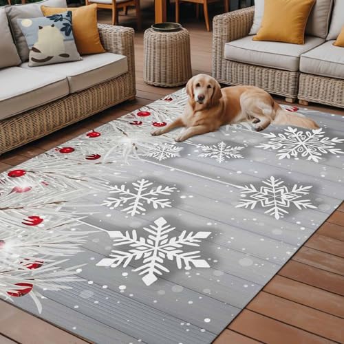 Winter Snowflake Outdoor Rug 5x8ft Christmas White Pine Branch Gray