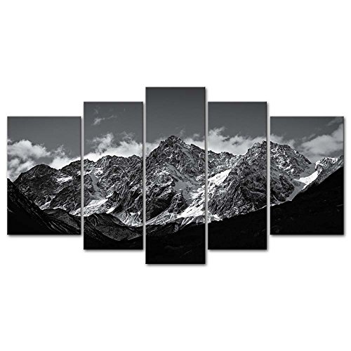 Leinwand-Wandkunst, Gemälde für Heimdekoration, schwarz-weiß, Landschaftsbild, 5 Stück, modernes Giclée-gerahmtes Kunstwerk, die Bilder für Wohnzimmer, Dekoration, Schneegebirge, Fotodrucke auf