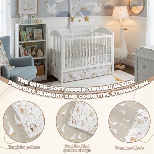 Image of Hahafelt 4 Pieces Crib Bedding Set for Girls and Boys, Soft Baby Bedding Set Including Crib Skirt, Comforter, Sheet and Diaper Stacker for Nursery(Goose Theme)