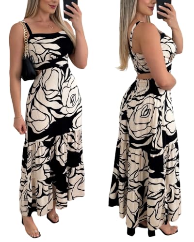 CHICME Summer Dresses for Women 2026 Sleeveless Casual Boho Maxi Dress Square Neck Hollow-Out Floral A Line Black Dress-M