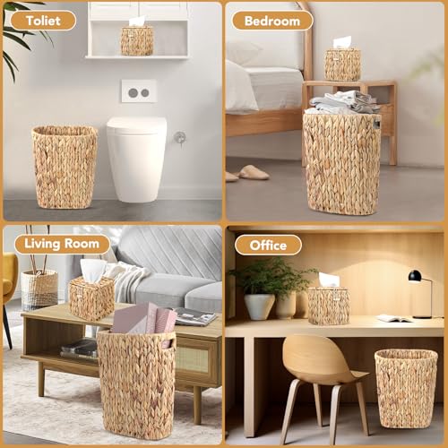 Water Hyacinth Trash Can 15L & Wicker Square Tissue Box, Handwoven Waterproof Waste Basket with Handles, Wicker Home Set for Bedroom, Bathroom, Kitchen, Office, Balcony (Khaki) - Image 6