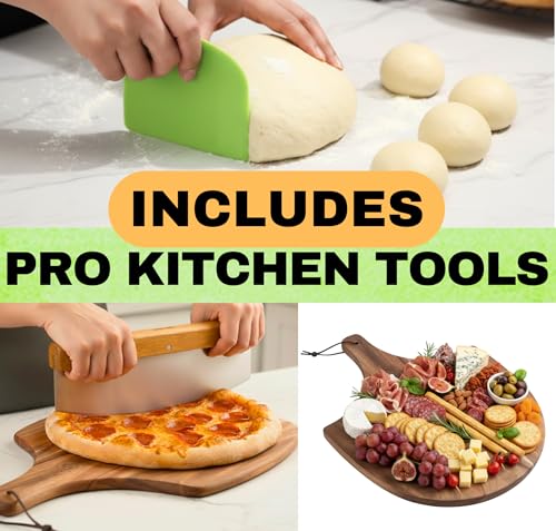 Pizza Stone for Oven and Grill Set - 5PCS Pizza Making Accessories Kit - 15 inch Pizza Stone with Handles, Pizza Peel, Pizza Cutter, Dough Tool - Baking Stone for Bread - Large Rectangular Oven Stones
