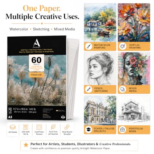 Image of ArtRight Artists' Watercolor Paper A3 300 GSM - 60 Sheets of Handmade Rough Grain Water Colour Papers for Watercolour, Acrylic, Gouache, Ink & Mixed Media