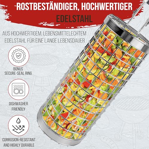 ROASTWURK Premium XL Grillkorb Fleisch Gemüse | Rollendes Grillkörbe 304 Edelstahl Camping Außengrill Gasgrill Kohlegrill grillzubehör Geburtstags Weihnachtsgeschenk für Männer geschenke grillen