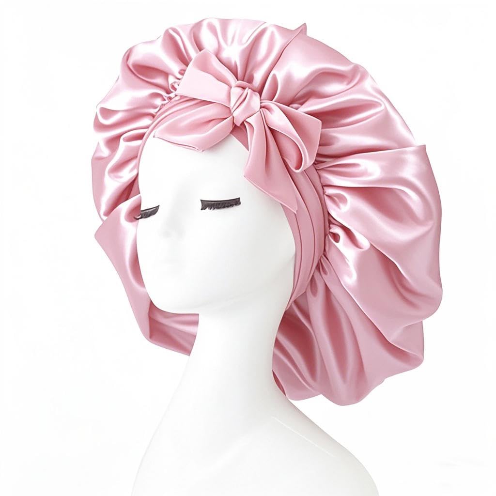 Cuffia Seta Capelli Notte，Silk Bonnet,Con Nastri Regolabili,Berretto Da note Raso Elastico Per Dormire Cappello Da Notte Per Donna Berretto Da Raso Per Donna Ragazza（Rosa）