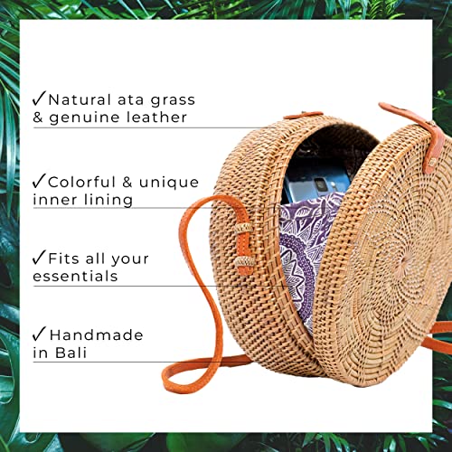 Image of Novum Crafts Round Rattan Bag for Women - Handmade Ata Wicker Woven Purse - Circle, Square, Oval Brown Straw Boho Bags