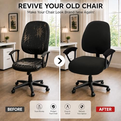 Image of Water-resistant Stretchable Desk Office Chair Seat Covers with Armrest Covers Universal Spandex Computer Chair Slipcover - Rotating Backrest Coverings & Cushion Protectors for Pets, Black