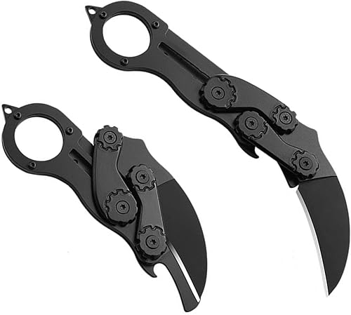 AMSOTTA Cuchillo Karambit plegable, cuchillo retráctil Karambit, cuchillo de bolsillo Karambit con abridor de botellas y rompedor de vidrio