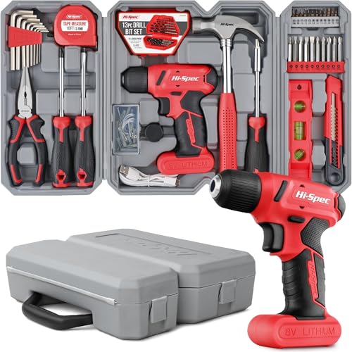 Hi-Spec 電動ドライバーセット 電動工具付き工具セット 8V電動ドリル 小型で扱いやすい 家庭用DIY・車やバイク整備に 工具箱付き 58点セット 赤