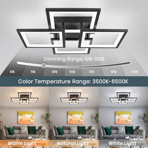 CANEOE LED Deckenleuchte,Dimmbar mit Fernbedienung & APP 4-Quadrat Deckenleuchte 55W 5000LM, Schwarz Deckenlampe für Wohnzimmer, Schlafzimmer, Küche, Flur, Balkon, Esszimmer, 3500-6500K